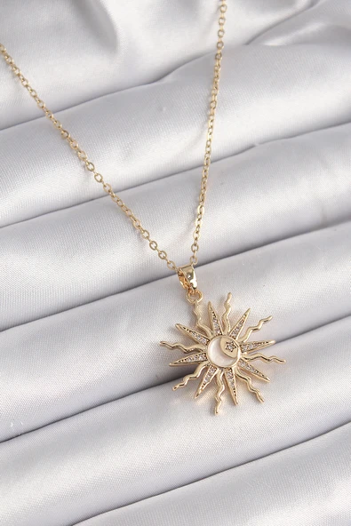 316L Çelik Gold Renk Zincir Renkli Zirkon Taşlı Sedefli Ay İşleme Detay Kadın Kolye - TJ-BKO9630