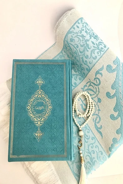 Orta Boy( 16x24 Cm)termo Deri Kuran-ı Kerim Turkuaz,seccade,inci Tesbih Set ürün görseli