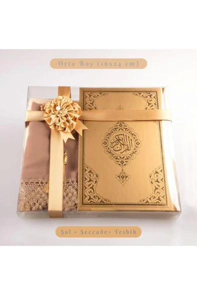 Şal + Tesbih + Kuran Hediye Seti (Orta Boy, Standart Cilt, Gold) ürün görseli