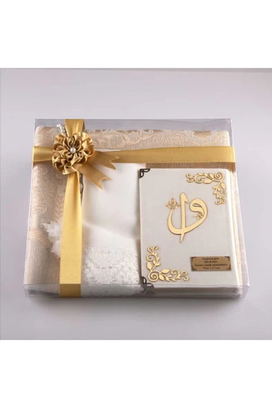 Şal + Seccade + Tesbih + Kuran Hediye Seti (çanta Boy, Kadife, Beyaz-1) ürün görseli