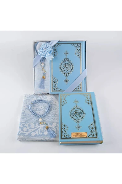 Kuran +  Seccade +  Tesbih Hediye Seti (Orta Boy, Ekonomik Cilt, Desenli Kutu, Açık Mavi) - Resim 3