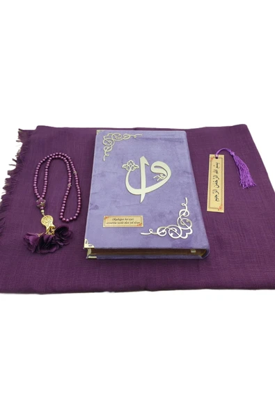 Hediye Kadife Kuranı Kerim Seti Namaz Örtüsü Tespih Ayraç Lila ürün görseli