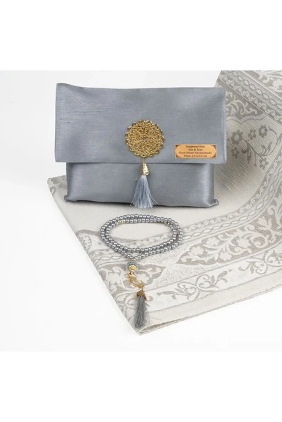 Seccade + Tesbih Hediye Seti (Şantuk Kese, Gri) ürün görseli