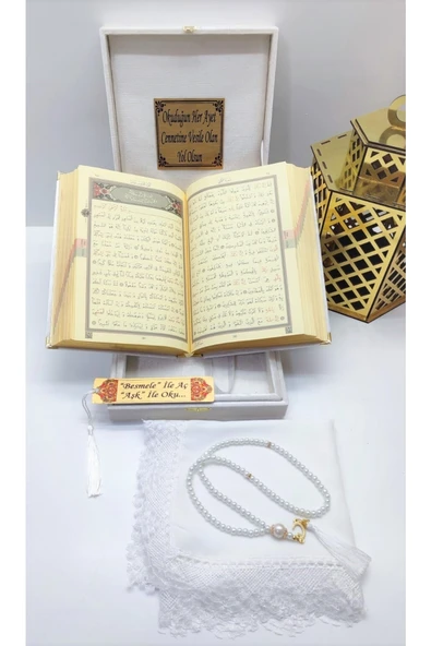 Isimli Raşel Kumaş Kuran-ı Kerim Ortaboy Kutulu (16X24)(BEYAZ)namaz Örtü,inci Tesbih, Ayraç Seti - Resim 3