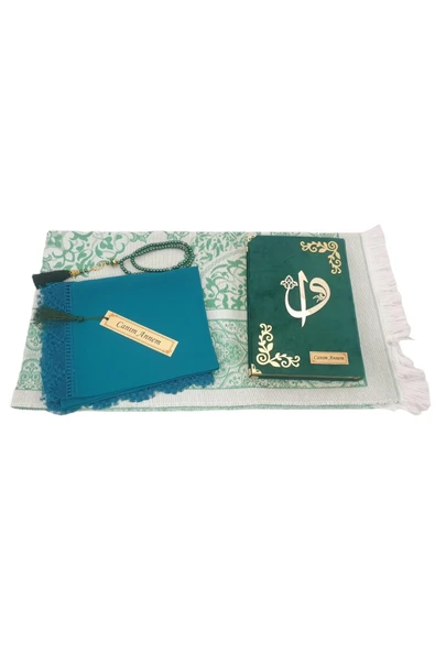 Yeşil Hediye Kuranı Kerim Seti Örtü Tespih Seccade Ayraç - Resim 4