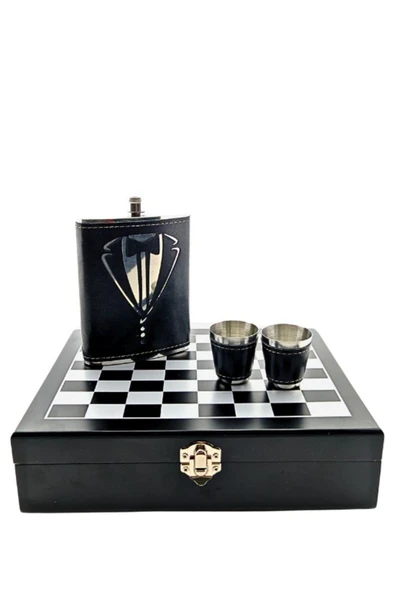 Deri Kaplamalı Çelik Matara ve Çakı Hediye Seti 2 Bardak Özel Ahşap Kutusunda Satranç Takımı - 6