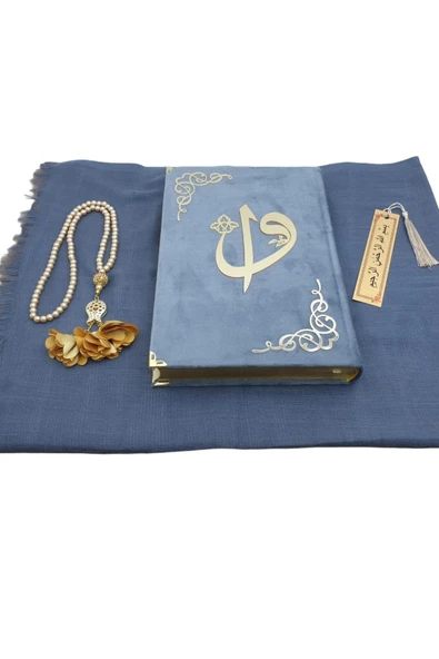 Hediye Kadife Kuranı Kerim Seti Namaz Örtüsü Tespih Ayraç Gökyüzü Mavi ürün görseli