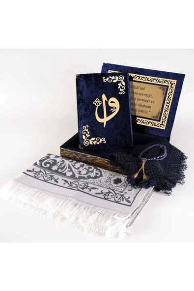 Raşel Kutulu, Şal + Seccade + Tesbih + Kuran Hediye Seti (Orta Boy, Lacivert, Elif-Vav) ürün görseli