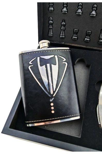 Deri Kaplamalı Çelik Matara ve Çakı Hediye Seti 2 Bardak Özel Ahşap Kutusunda Satranç Takımı - 4