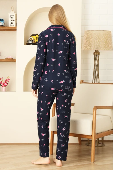 Kadın Pat Yakalı-Baskılı ve Düğme Kapamalı-%100 Pamuk Pijama Takımı 12353 - Resim 6