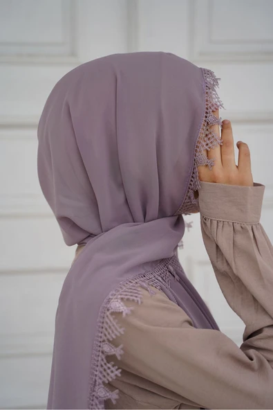 Başörtüsü Şal Iğne Oyası Namaz Örtüsü, Baş Örtüsü Tesettür Giyim Mevlüt Örtüsü Sirke Kaymağı Rengi - Resim 3