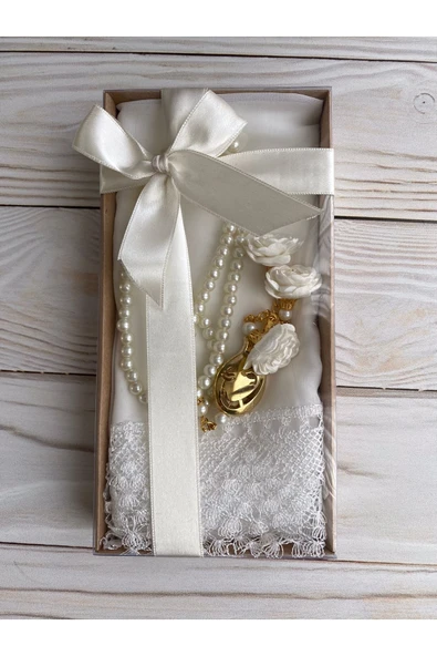 Lüks Güpürlü Şal Lüks Güllü Inci Tesbih Çeyizlik Bohça Ev Konsept ürün görseli