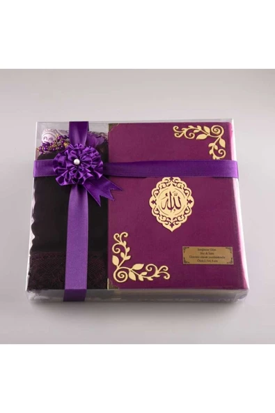 Şal + Seccade + Tesbih + Kuran Hediye Seti (orta Boy, Kadife, Mor, Lafzatullah) ürün görseli