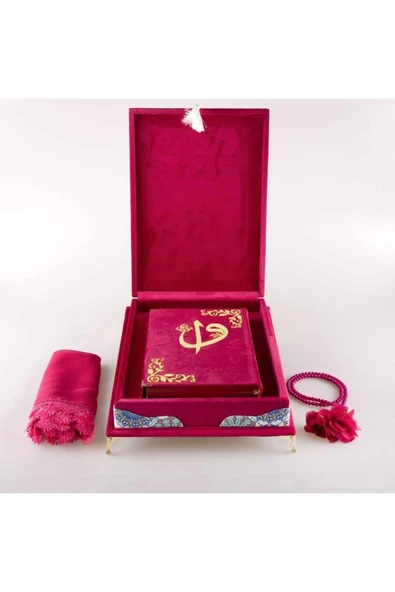 Şal Tesbih Kuran Hediye Seti (ORTA BOY, KADİFE PLAKET SANDIKLI, FUŞYA PEMBE) - Resim 3