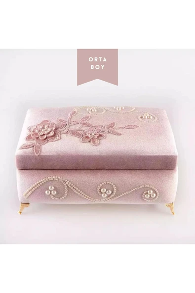 Desenli Kutu Çeyizlik, Seccade + Tesbih + Kuran Hediye Seti (Orta Boy, Kadife, P.Pembe, Elif-Vav) ürün görseli