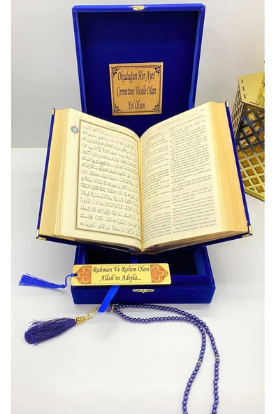 Isimli Kadife Kuranı Kerim Karşılıklı Mealli Orta Boy Kutulu Lacivert,tesbih,ayraç Seti - Resim 4