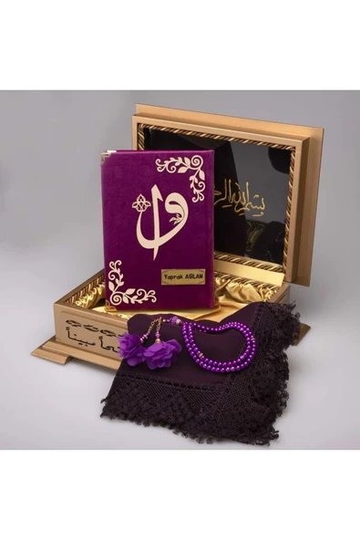 Şal + Tesbih + Kuran Hediye Seti (hafız Boy, Ahşap Kutulu, Mor) ürün görseli