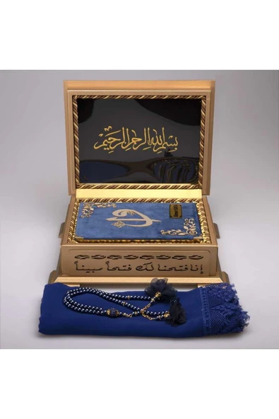 Şal Tesbih Kuran Hediye Seti (HAFIZ BOY, AHŞAP KUTULU, KADİFE, LACİVERT) - Resim 2