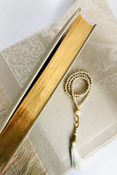 Orta Boy( 16x24 Cm)termo Deri Kuran-ı Kerim Vizon,seccade,inci Tesbih Set - Resim 4