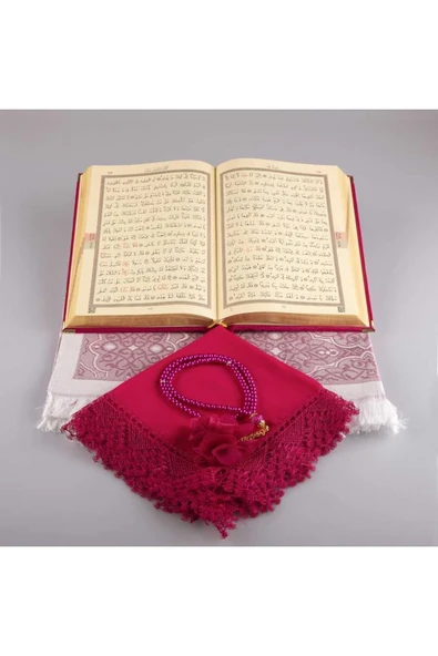 Şal + Seccade + Tesbih + Kuran Hediye Seti (orta Boy, Kadife, Fuşya Pembe) - Resim 3
