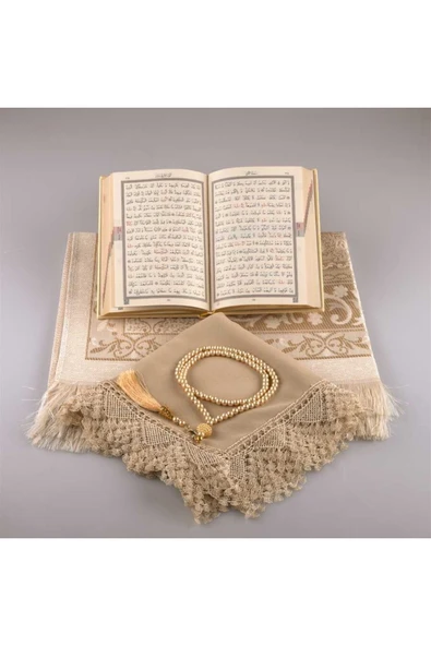 Şal Seccade Tesbih Kuran Hediye Seti (ÇANTA BOY, GOLD) - Resim 3