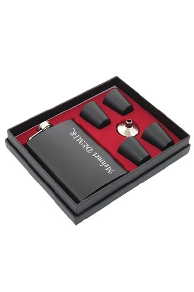 Paslanmaz Çelik Cep Matarası Kişiye Özel Çelik Matara Hediye Seti Siyah İçecek Matarası 4 Bardaklı - Resim 2