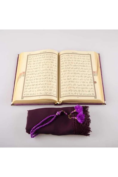 Şal + Tesbih + Kuran Hediye Seti (çanta Boy, Kadife, Mor) - Resim 3