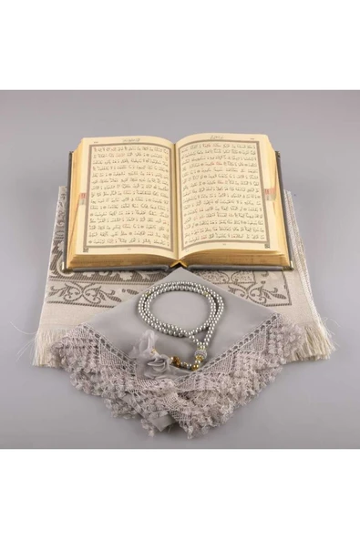Şal + Seccade + Tesbih + Kuran Hediye Seti (hafız Boy, Kadife, Gri) - Resim 3