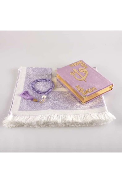 Seccade + Tesbih + Kuran Hediye Seti (hafız Boy, Kadife, Lila) - Resim 2