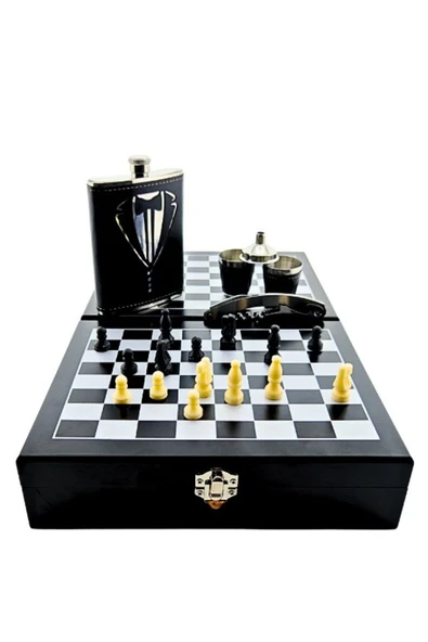 Deri Kaplamalı Çelik Matara ve Çakı Hediye Seti 2 Bardak Özel Ahşap Kutusunda Satranç Takımı - 3