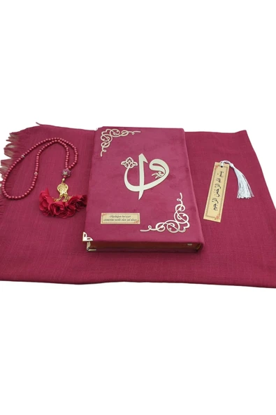 Hediye Kadife Kuranı Kerim Seti Namaz Örtüsü Tespih Ayraç Bordo ürün görseli