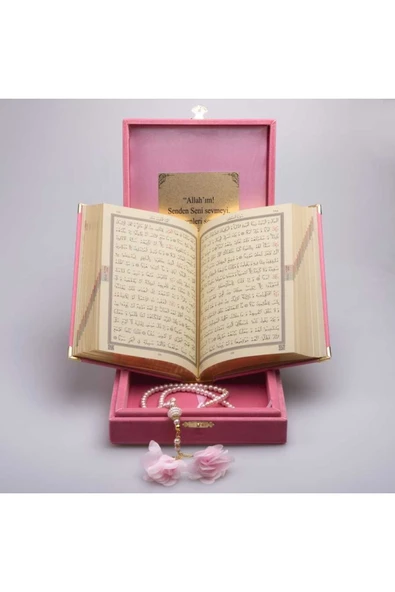 Tesbih + Kuran Hediye Seti (çanta Boy, Plaket Kutulu, Pudra Pembe) - Resim 4