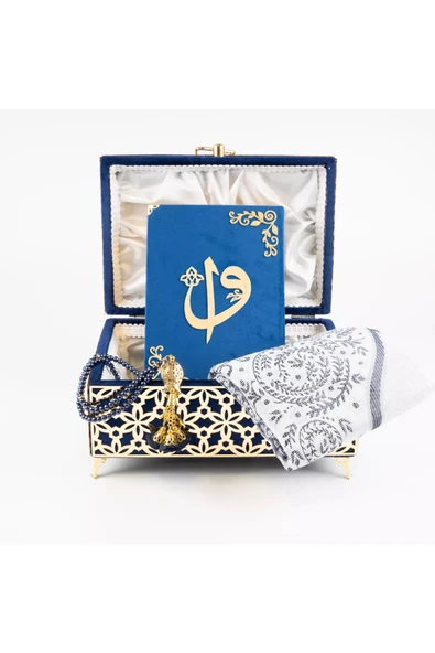 Desenli Kutu Çeyizlik, Seccade + Tesbih + Kuran Hediye Seti (Çanta Boy, Kadife, Lacivert, Elif-Vav) - Resim 3