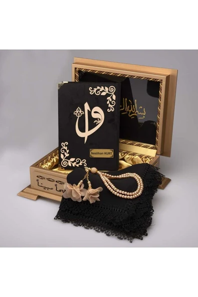 Şal Tesbih Kuran Hediye Seti (HAFIZ BOY, AHŞAP KUTULU, KADİFE, SİYAH) ürün görseli