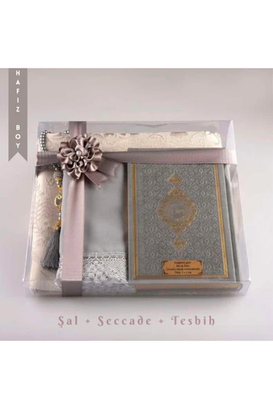 Şal + Seccade + Tesbih + Kuran Hediye Seti (Hafız Boy, Gri) ürün görseli