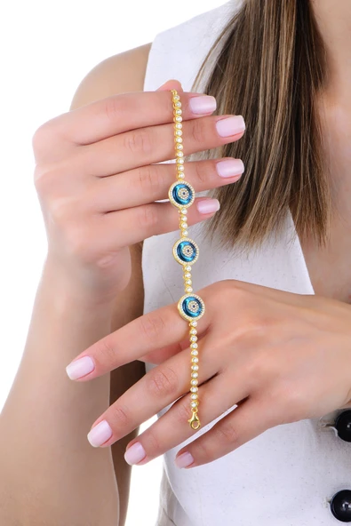 Gümüş altın yaldızlı zirkon taşlı üç nazar boncuklu cam göz su yolu bileklik SGTL12945GOLD ürün görseli