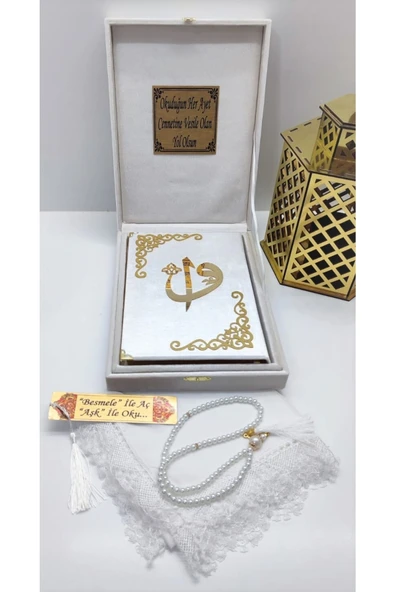 Isimli Raşel Kumaş Kuran-ı Kerim Ortaboy Kutulu (16X24)(BEYAZ)namaz Örtü,inci Tesbih, Ayraç Seti - Resim 2