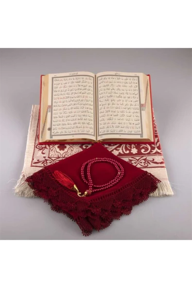 Şal + Seccade + Tesbih + Kuran Hediye Seti (hafız Boy, Kırmızı) - Resim 3