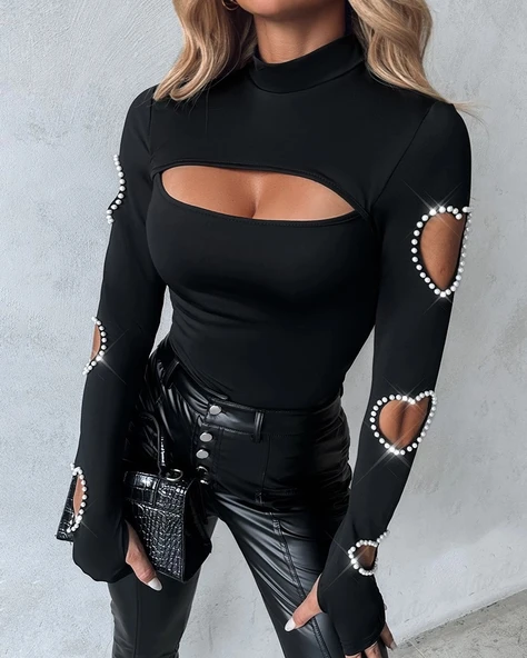 MDB Kadın Uzun Kollu Yarı Balıkçı Yaka Pencere Detaylı Kolları Kalp Desen Taşlı Viskon Bluz - Resim 8