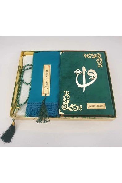Yeşil Hediye Kuranı Kerim Seti Örtü Tespih Seccade Ayraç - Resim 3