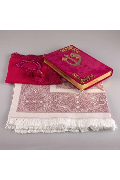 Şal + Seccade + Tesbih + Kuran Hediye Seti (orta Boy, Kadife, Fuşya Pembe) - Resim 2