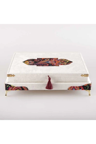 Şal Tesbih Kuran Hediye Seti (ORTA BOY, KADİFE SANDIKLI, BEYAZ) - Resim 2