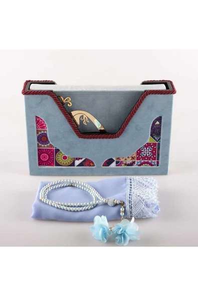 Şal Tesbih Kuran Hediye Seti (ORTA BOY, KADİFE V KUTULU, GÖK MAVİ) - Resim 2