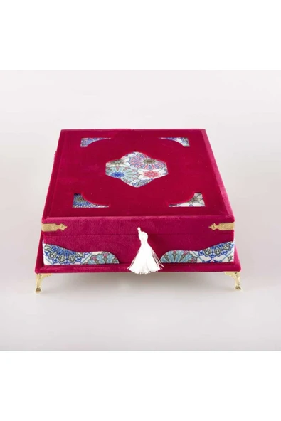 Şal Tesbih Kuran Hediye Seti (ORTA BOY, KADİFE PLAKET SANDIKLI, FUŞYA PEMBE) - Resim 2