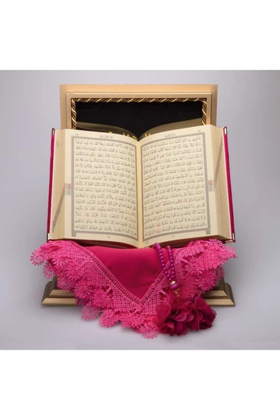 Şal + Tesbih + Kuran Hediye Seti (hafız Boy, Kadife, Fuşya Pembe) - Resim 3