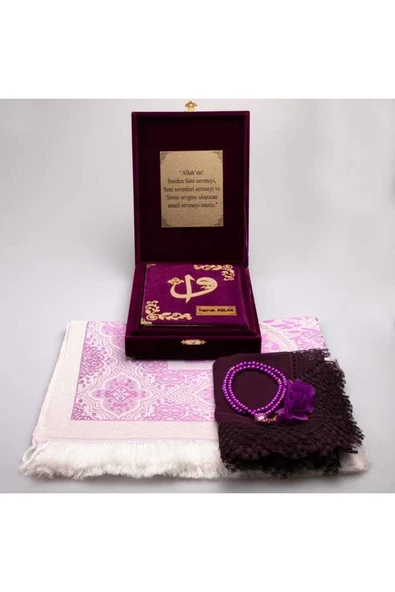 Şal Seccade Tesbih Kuran Seti (ÇANTA BOY, PLAKET KUTU, MOR) - Resim 2