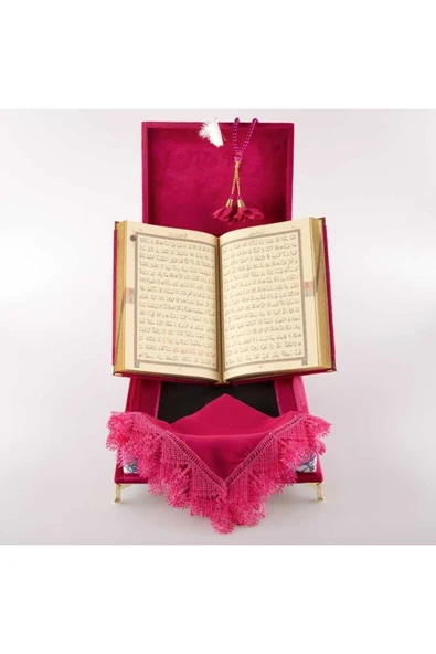 Şal Tesbih Kuran Hediye Seti (ORTA BOY, KADİFE PLAKET SANDIKLI, FUŞYA PEMBE) - Resim 5