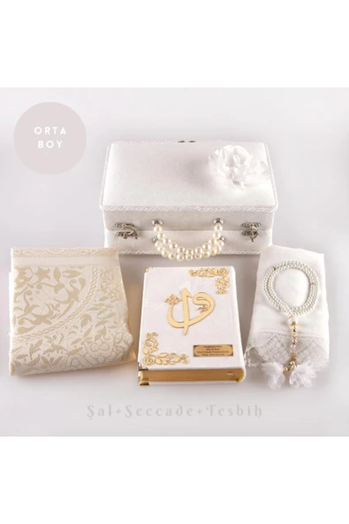 Boncuklu Kutu Çeyizlik, Şal + Seccade + Tesbih + Kuran Hediye Seti (Orta B. Kadife, Beyaz) ürün görseli