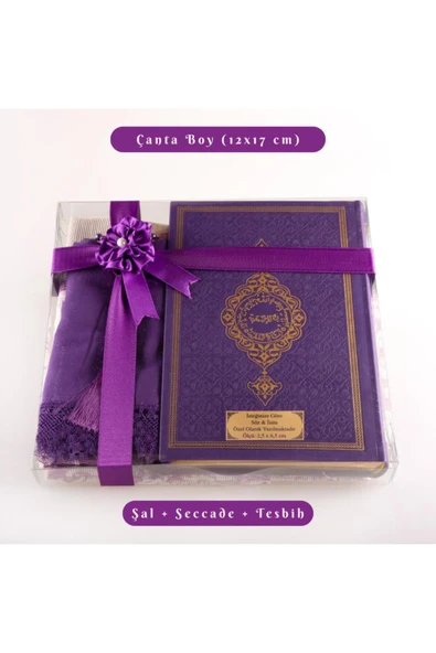 Şal + Seccade + Tesbih + Kuran Hediye Seti (Çanta Boy, Termo Deri, Mor) ürün görseli