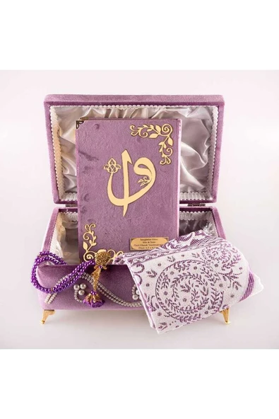 Desenli Kutu Çeyizlik, Seccade + Tesbih + Kuran Hediye Seti (Orta Boy, Kadife, Lila, Elif-Vav) - Resim 2